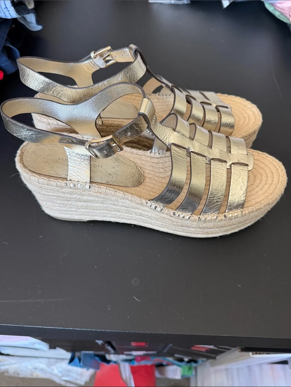 Tory Burch Metallic Gold Strappy Espadrille Sandals